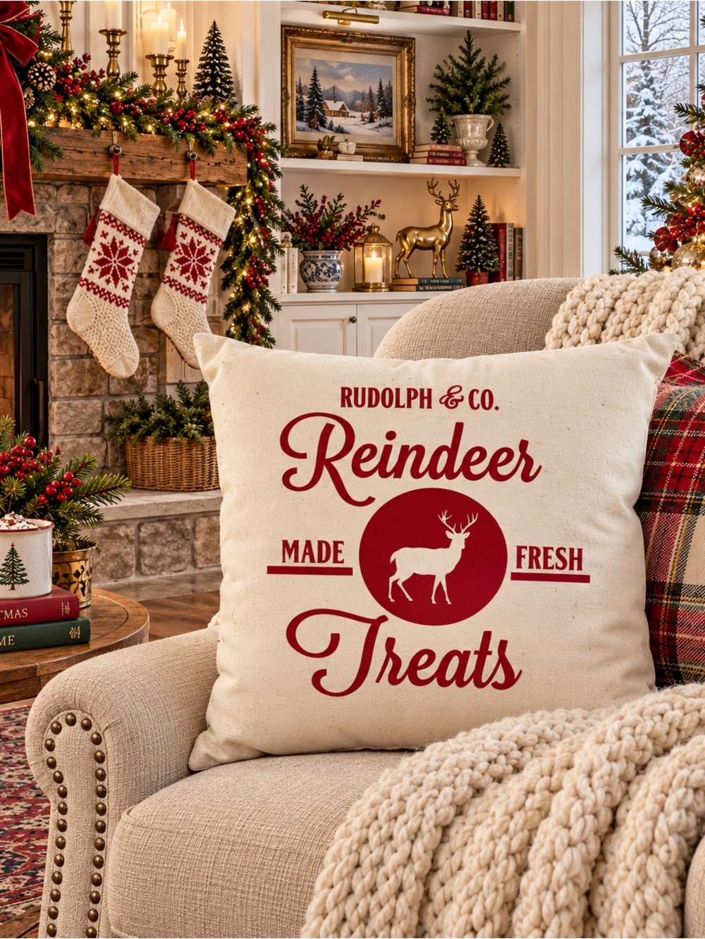 Rudolph & Co Reindeer Treats Cottage Core Holiday Throw Pillow